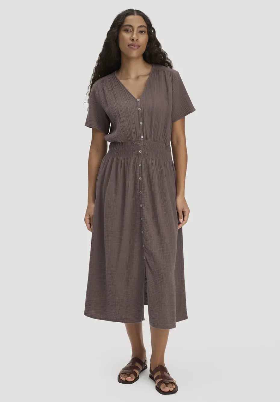 hessnatur Gewebe Kleid mit Taillierung Midi aus reiner Bio-Baumwolle von mocca Online